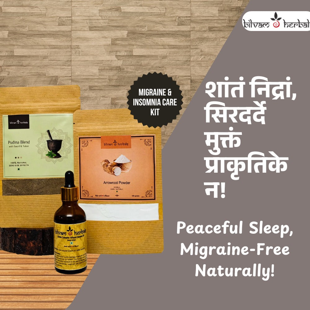 Migraine & Insomnia Care Kit | Edible Camphor Infused Sesame Oil 50ml & Pudina Blend with Saunf & Tulasi 100g